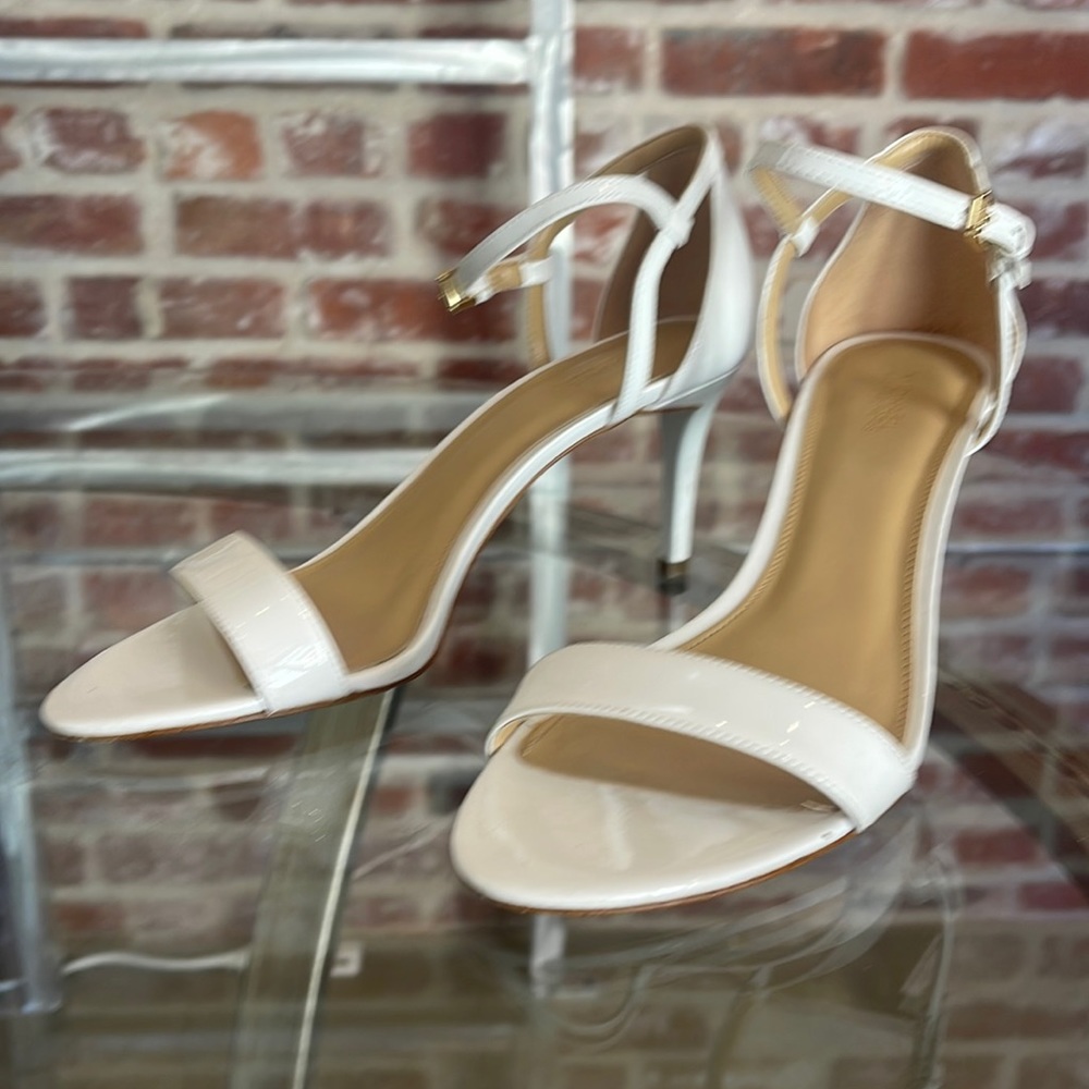 White ankle strap heels